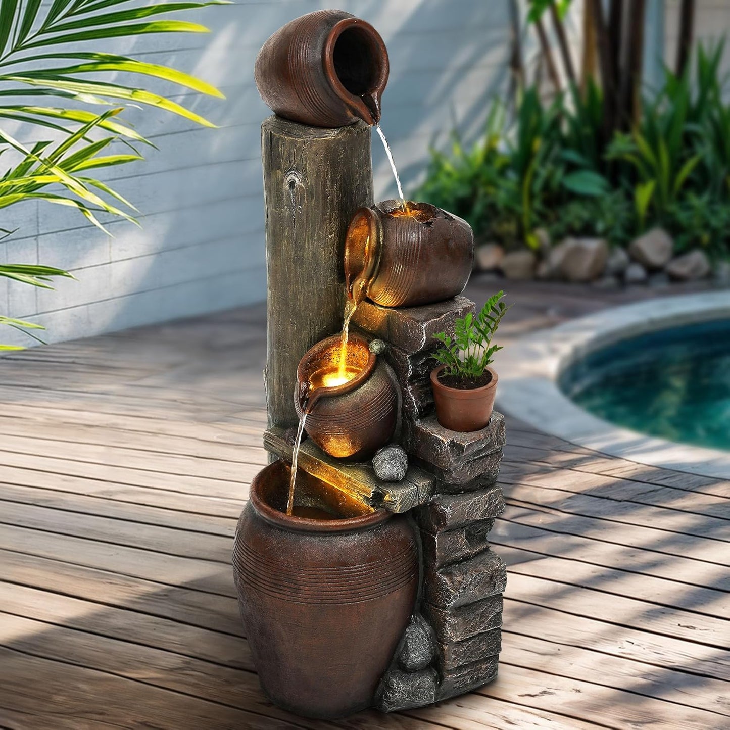 40" H Overszied Outdoor/Indoor Water Fountain with LED Lights and Pump, Cascading Pitchers Farmhouse Garden Fountain Waterfall for Patio, Porch, or Yard
