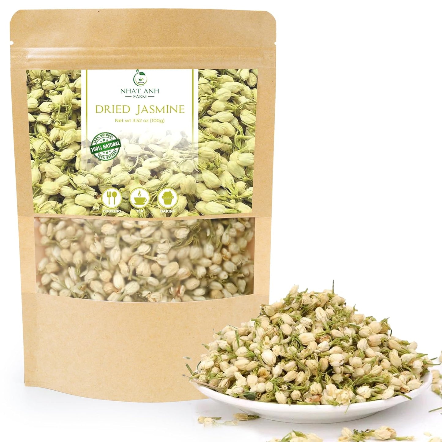 Nhat Anh Farm - Dried Jasmine Flowers - Pure Jasmine Buds 3.5oz(100g) Natural & Pure - Dried Jasmine Flowers Sugar/Caffeine/Gluten Free. Making Tea, Baking