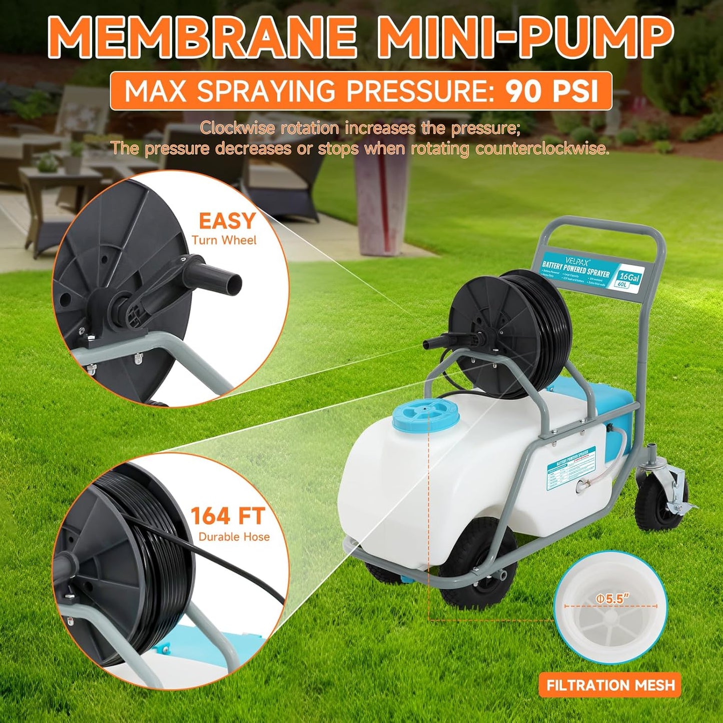 16 Gallon Battery Powered Sprayer,90 PSI Electric Pump,6 Hours Long Battery Life,12V 8Ah Battery,Adjustable HD Wand and 10 Nozzles,Portable Sprayer with Wheels for Lawn & Garden Spraying, Cleaning