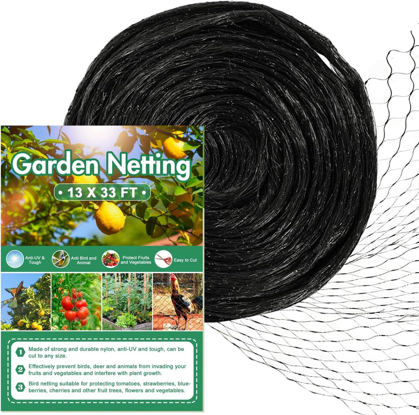 CandyHome Bird Netting for Garden, 13Ft x 33Ft Reusable Garden Netting Plants Barrier, Plant Mesh Net Protect Fruit Tree Seedlings Plants from Birds, Cicadas, Rodents, Black