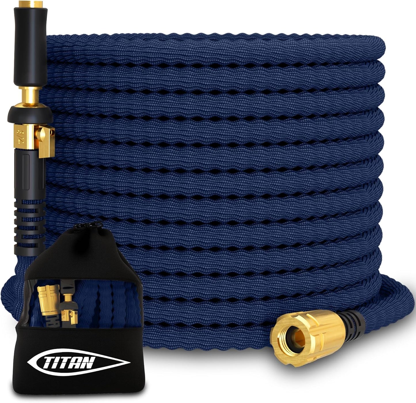 TITAN Flexible Garden Hose 15FT – Ultra Lightweight, Heavy Duty Water Hose with Brass Fittings & Jet Nozzle – Kink-Free, Non-Expanding, Durable Fabric Hose for Yard, Lawn, Car Wash, Outdoor Use