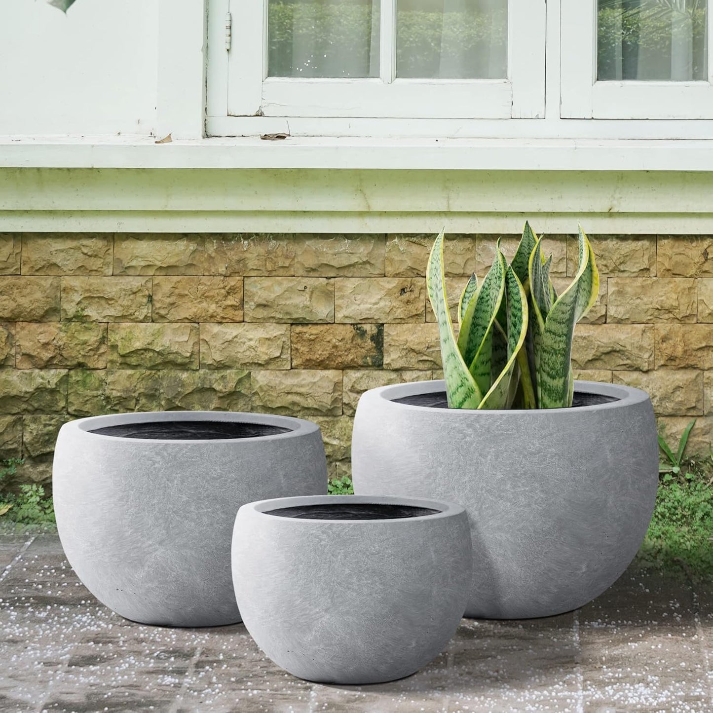 Kante 19.9",15.7",11.8" Dia Round Concrete Planter Set of 3, Outdoor/Indoor Large Bowl Plant Pots with Drainage Hole and Rubber Plug for Garden Patio Balcony Home, Slate Gray