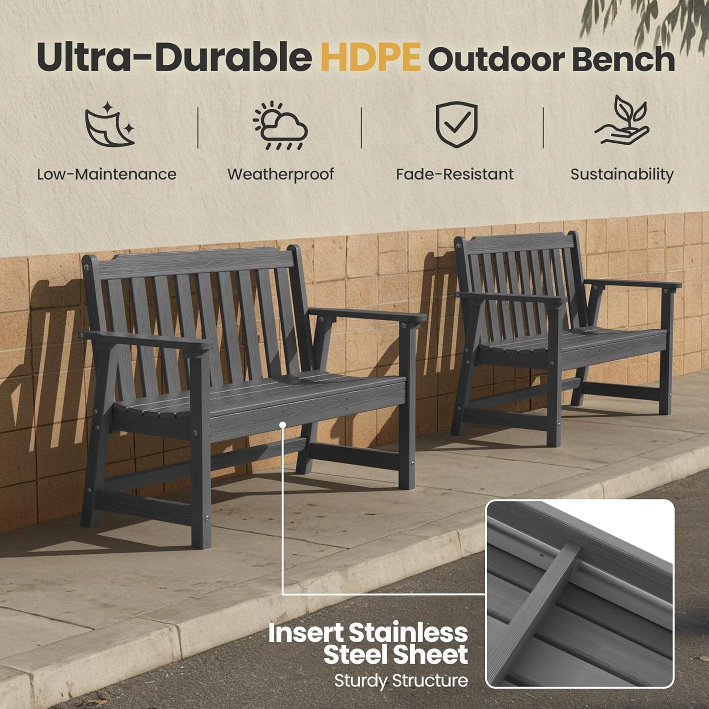 Ciokea 46" Heavy Duty Outdoor Bench Set of 2, HDPE Weatherproof Garden Bench, 2-Person Memorial Benches with 660 Lbs, Waterproof Patio Porch Benches for Outside Business Office Backyard, Dark Grey
