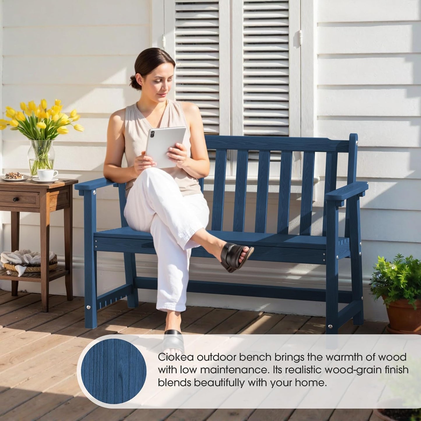 Ciokea 44" Outdoor Bench, HDPE Weatherproof Garden Bench, 2-Person Porch Benches with 550 Lbs, Waterproof Patio Benches for Outside Balcony Deck Backyard, Navy Blue