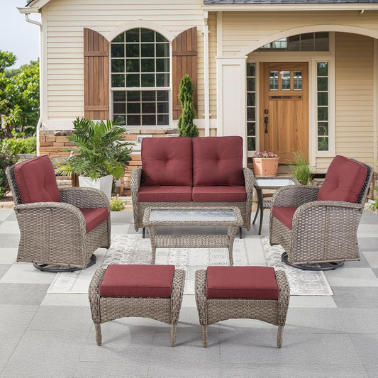 HUMMUH 7 Pieces Wicker Patio Conversation Set Outdoor Glider Loveseat with Patio Swivel Rocking Chairs Outdoor Patio Set for Deck Lawn Porch Balcony Poolside-Grey/Red