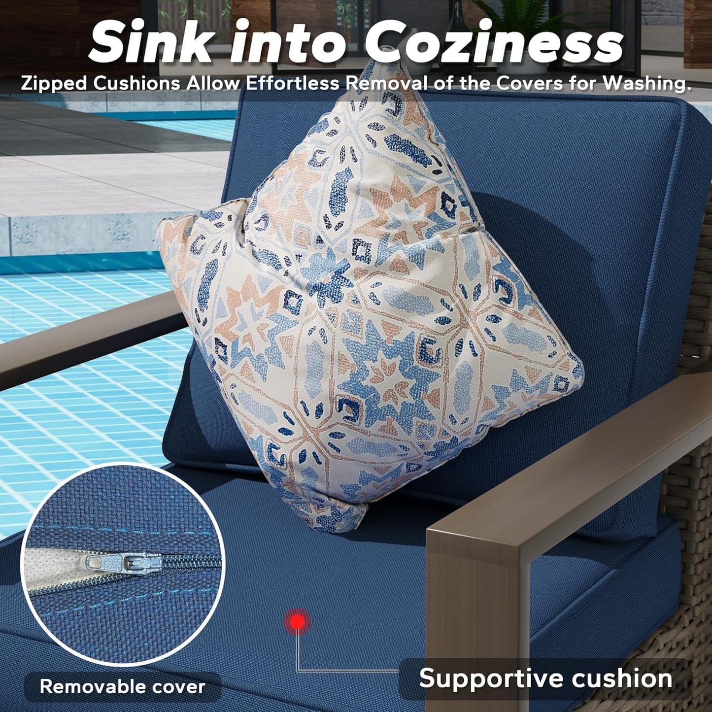 Outdoor Swivel Patio Metal Chairs Set of 2 - Porch Furniture 2 Pieces 360 Degree Glider Rockers Rattan Chairs with Washable Cushion & Metal Steel Rectangular Framed Armrest, Dark Blue