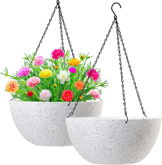 WOUSIWER 13 inch 2Pack Large Hanging Planters for Outdoor Indoor Plants with Drainage Holes and Chain, Round Hanging Flower Pots for Garden Home Porch Decor, White Speckles