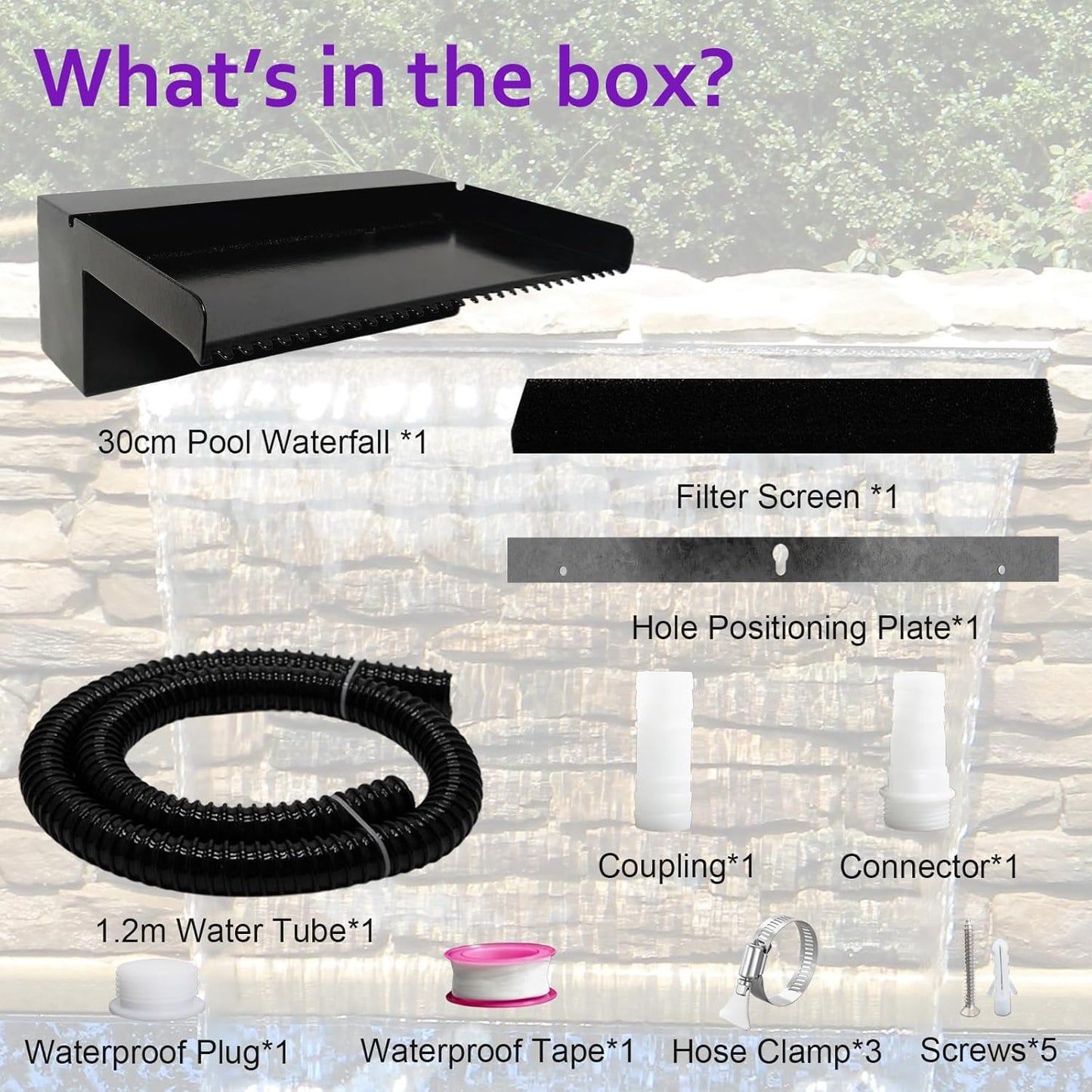 Pond Waterfall Spillway Pool Fountain Water Feature, Black Stainless Steel Outdoor Fountains, Swimming Pool Water Flow Waterfalls Kit for Garden Patio Ponds-11.8"x7.8"x3.9"(NO Light)