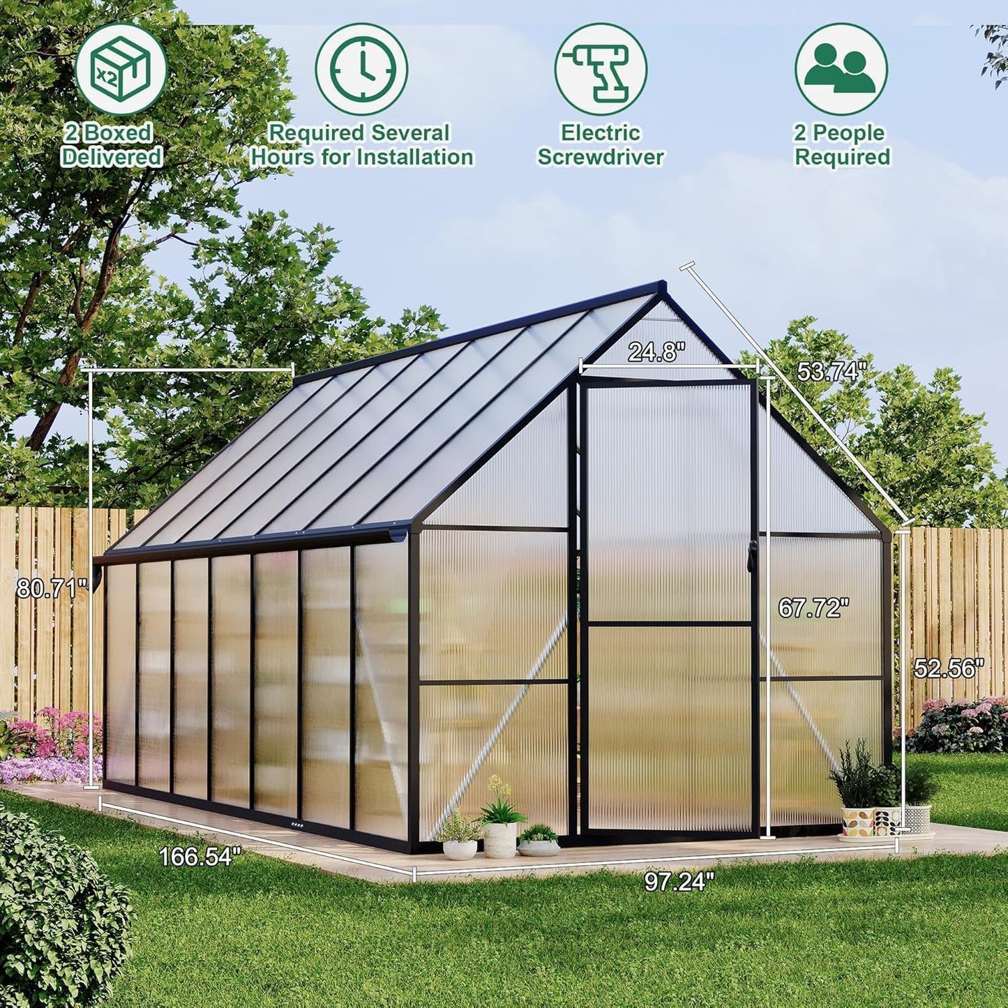 Greenhouse 8x14 FT Aluminum-Framed Heavy Duty Polycarbonate with Quick Setup Structure and Roof Vent Large Enhanced Outdoors Green House Kit