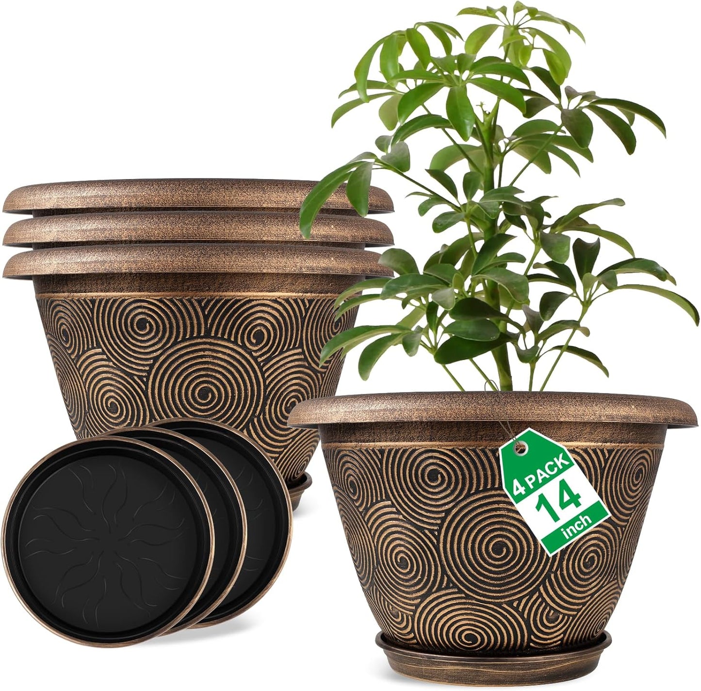 14 Inch Large Planter Pot for Plants Indoor Outdoor, 4 Pack Plastic Flower Pots with Drainage Hole & Tray, Modern Decorative Garden Pot with Saucer, Plant Container for House