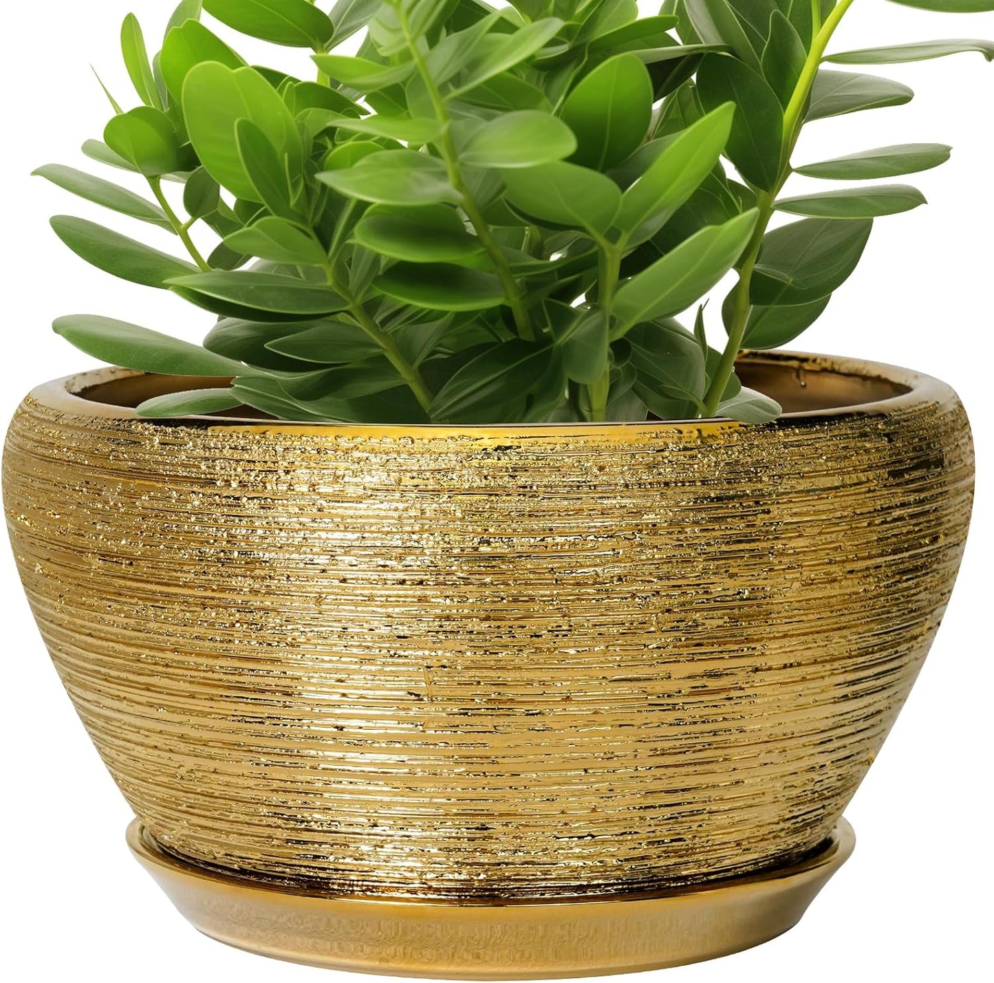 Ceramic Planter 11 Inch - Indoor Plant Pot with Drainage Hole and Saucer Large Planter for Outdoor Plants Mid-Century Decorative Flower Pot for Home Decor Gold