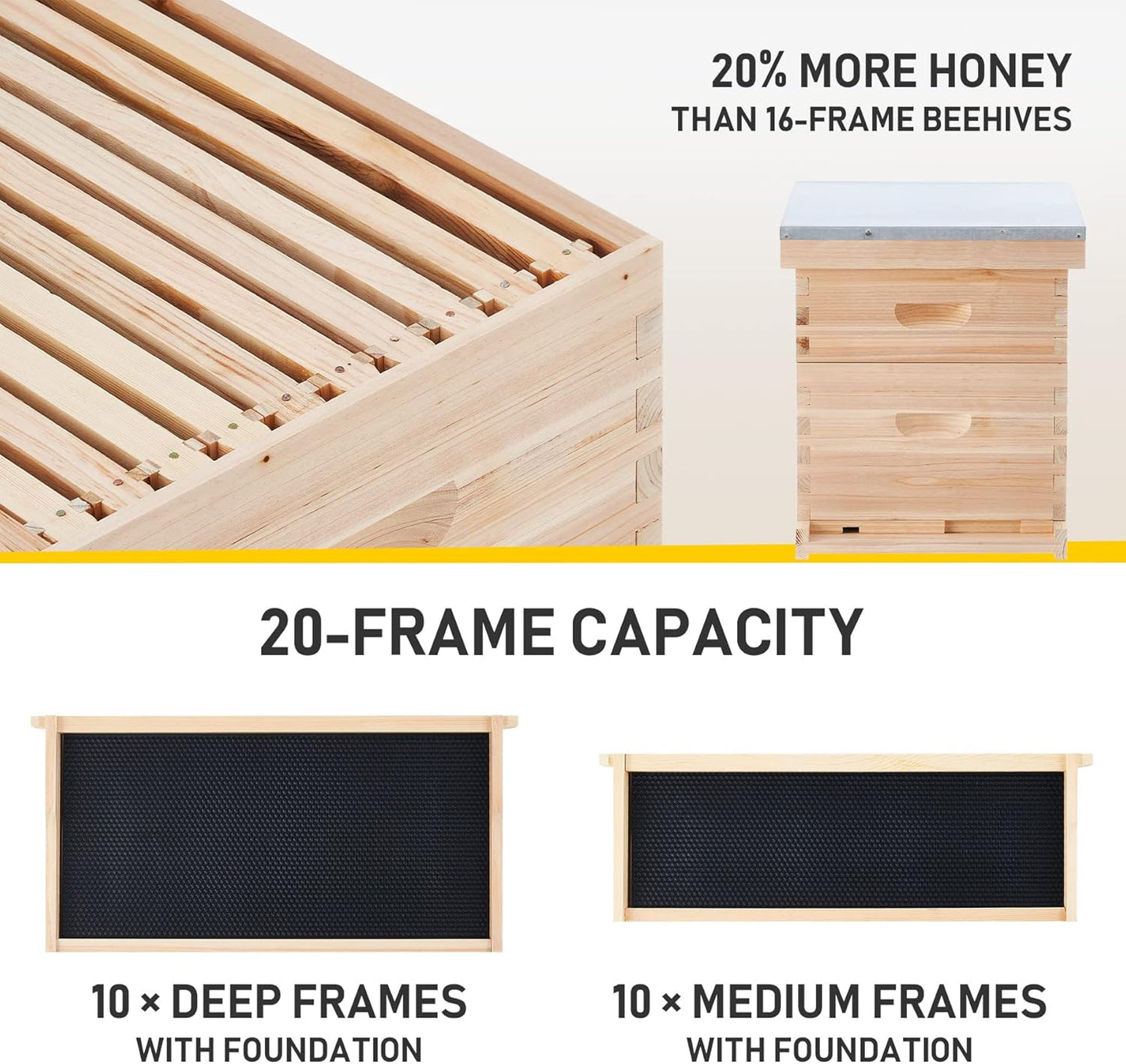 CREWORKS Bee Hive Boxes 10 Frame Langstroth Beehive, Bee Keeping Starter Kit Includes 1 Super Bee Box & 1 Bee Brood Box with Beehive Frames and Foundation, 2 Layers Complete Bee Hive Kit