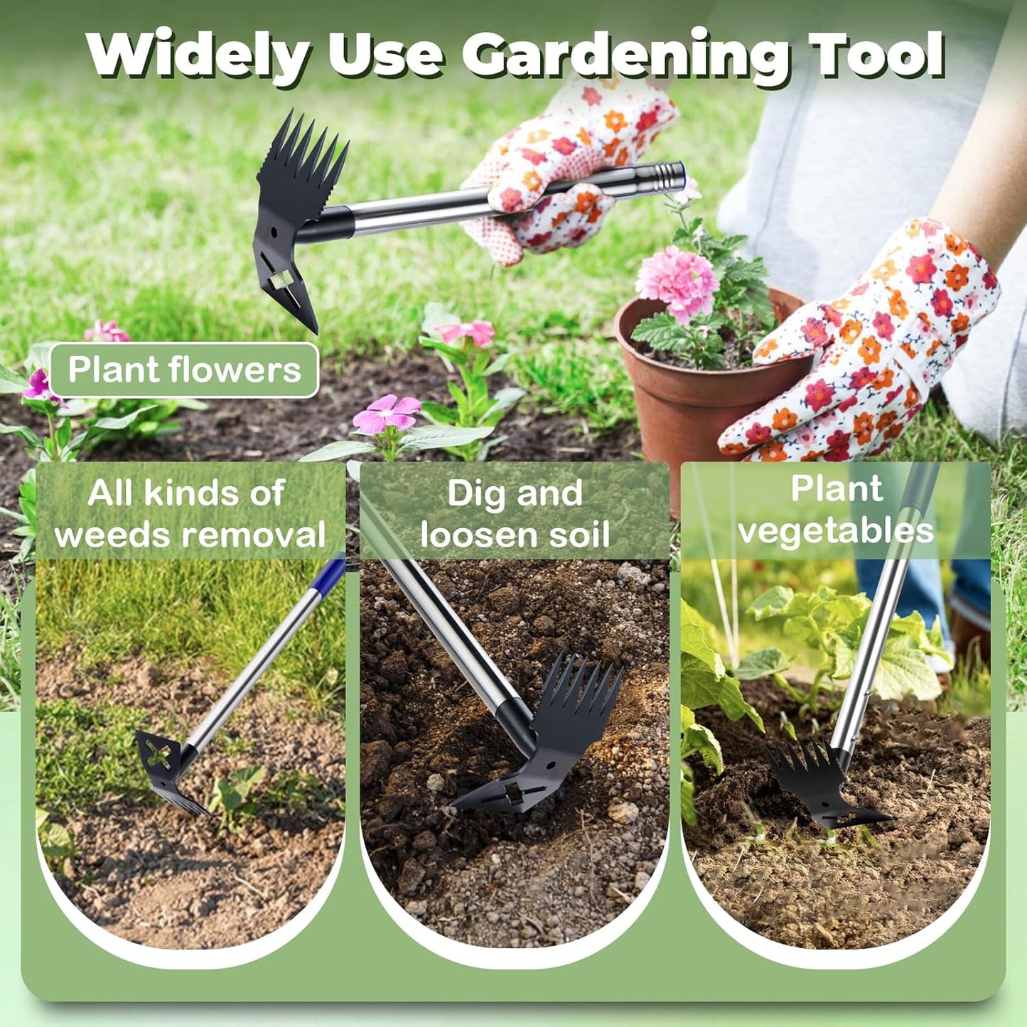 Weed Puller Tool with Long Handle, 60'' Weed Remover Weeding Tool, Heavy Duty 2 in 1 Manual Weed Rake and Garden Hoe, Gardening Weeder Tools for Yard, Lawn, Patio, Garden Blue