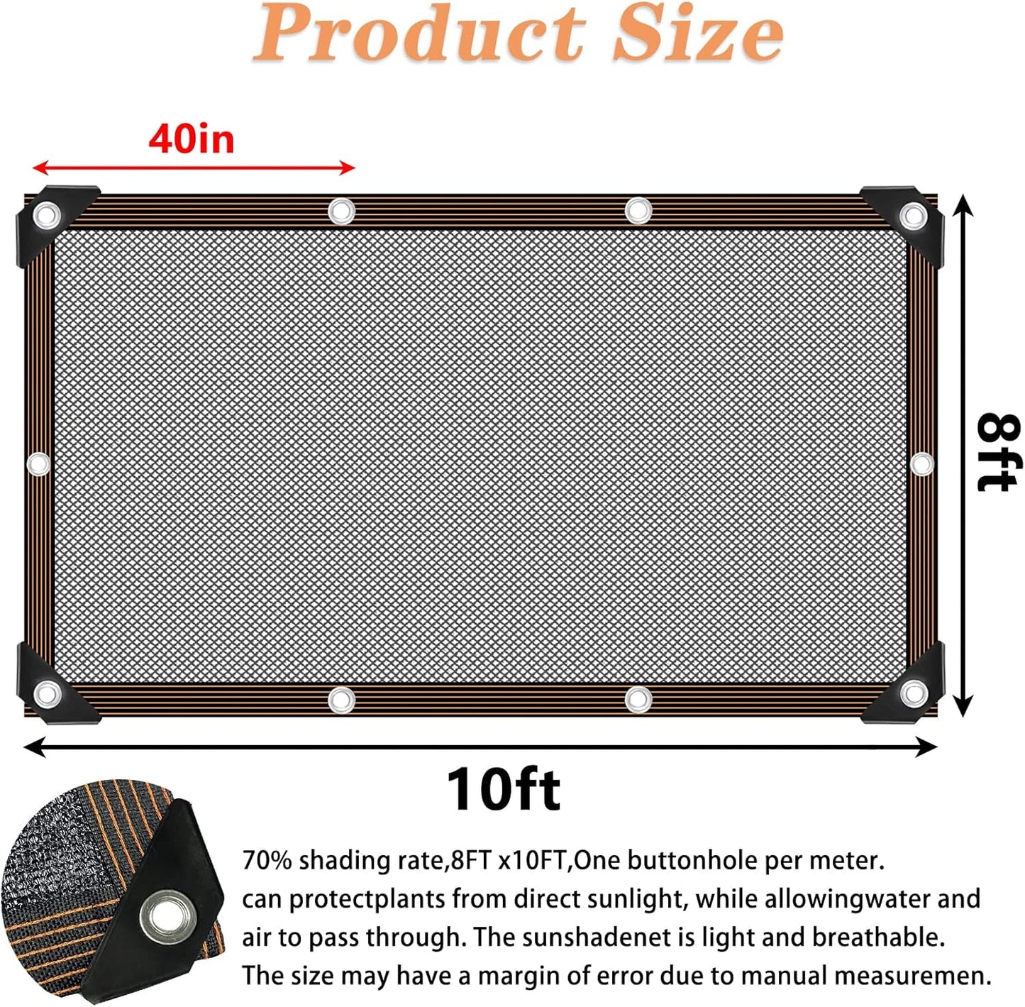 70% Shade Cloth - for Garden Plants Greenhouse, 8'x10' Sunblock Shade Cover -for Outdoor Garden Pergola Patio Lawn Sun Shade Cloths for Kennel Chicken Coop Easier to Hang Plant Shade Neting