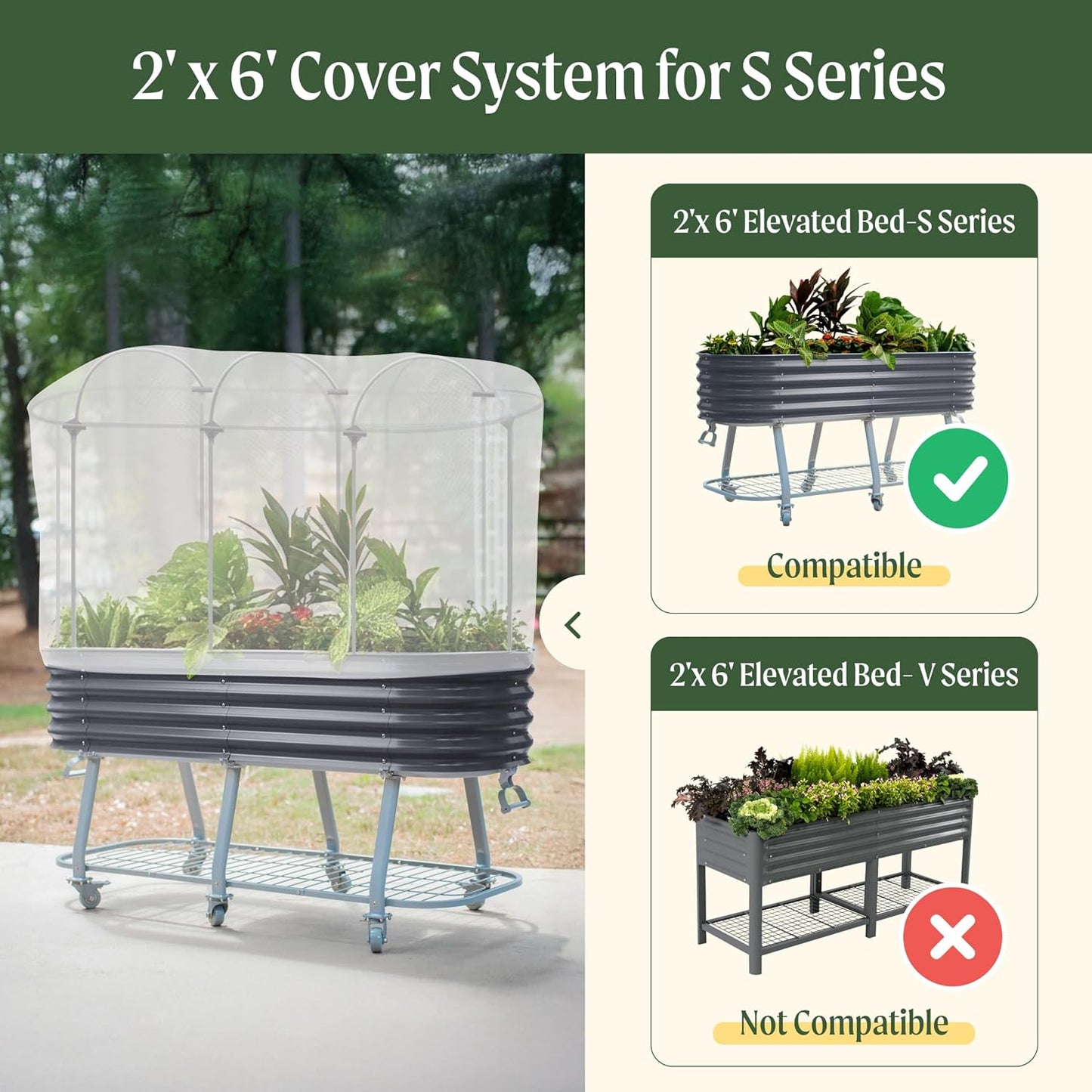 Vego garden Cover System for 2.0' x 6.0' Elevated Rolling Garden Bed-S Series