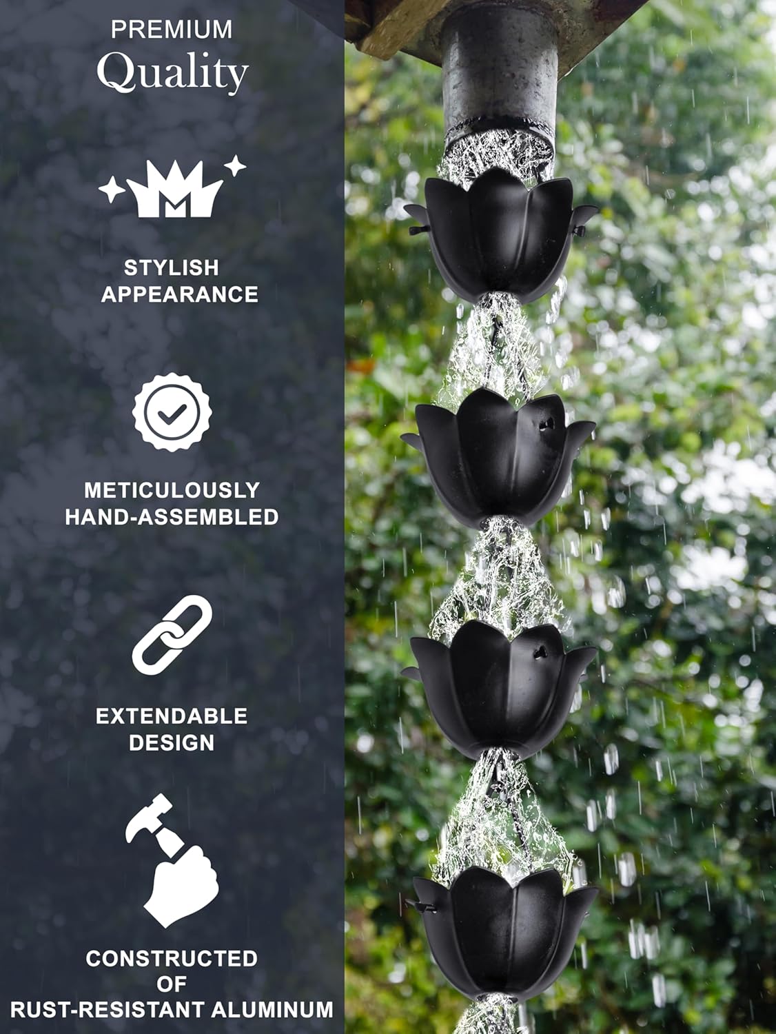 Monarch Rain Chains Aluminum Large Lotus Rain Chain, 8.5 ft Black Powder Coated Aluminum Decorative Rain Catcher Chain for Gutters, Black Aluminum Rain Gutter Replacement Downspout