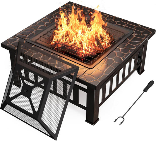 Devoko Outdoor Fire Pit, 32 Inch Firepit Table Metal Outdoor Fireplaces with Waterproof Cover for Outside Patio Camping (Copper)