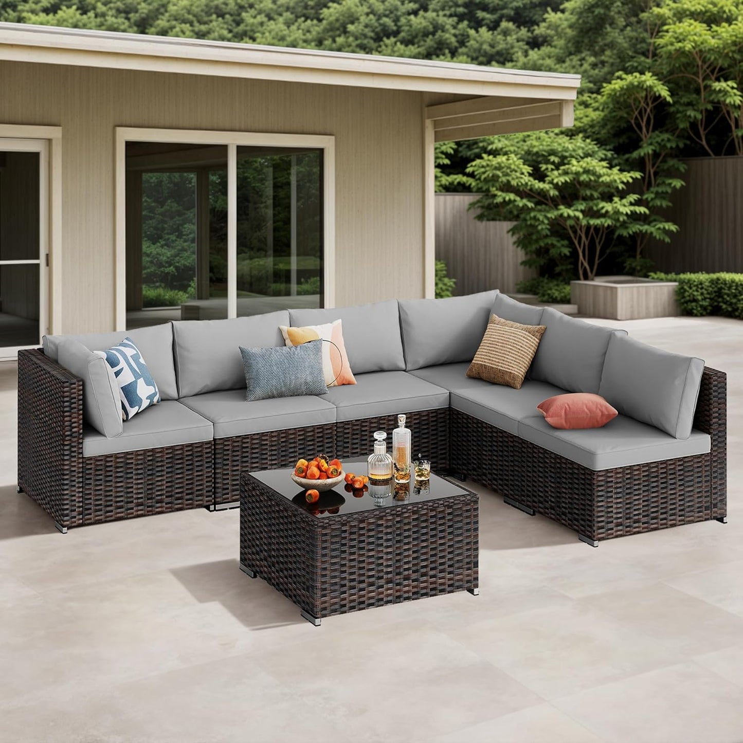 7 Pieces Outdoor Patio Furniture Set, PE Rattan Outdoor Wicker Sectional Furniture Sofa Set, with Cushions and Glass Coffee Table, for Balcony, Porch, Garden, Grey