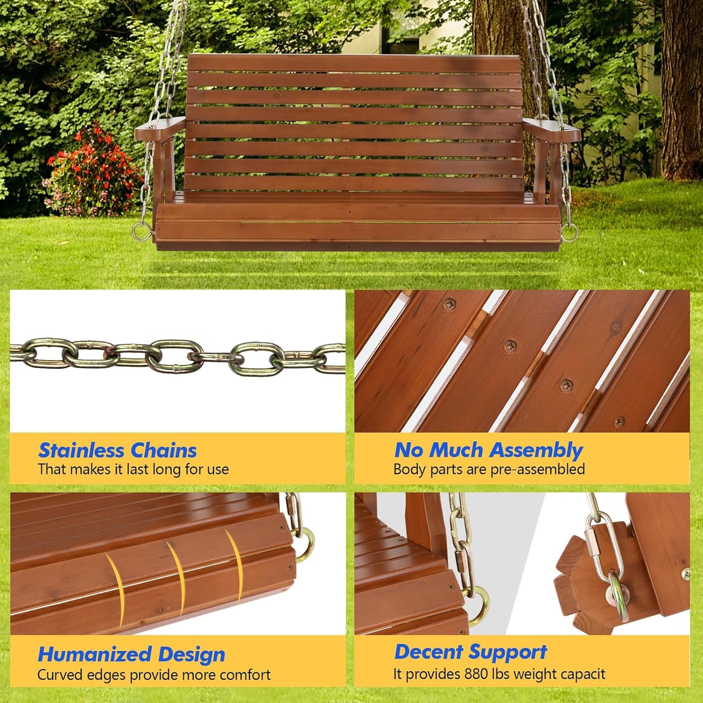 VINGLI Upgraded Patio Wooden Porch Swing for Courtyard & Garden, Heavy Duty 880 LBS Swing Chair Bench with Hanging Chains for Outdoors (Brown, 4 FT)