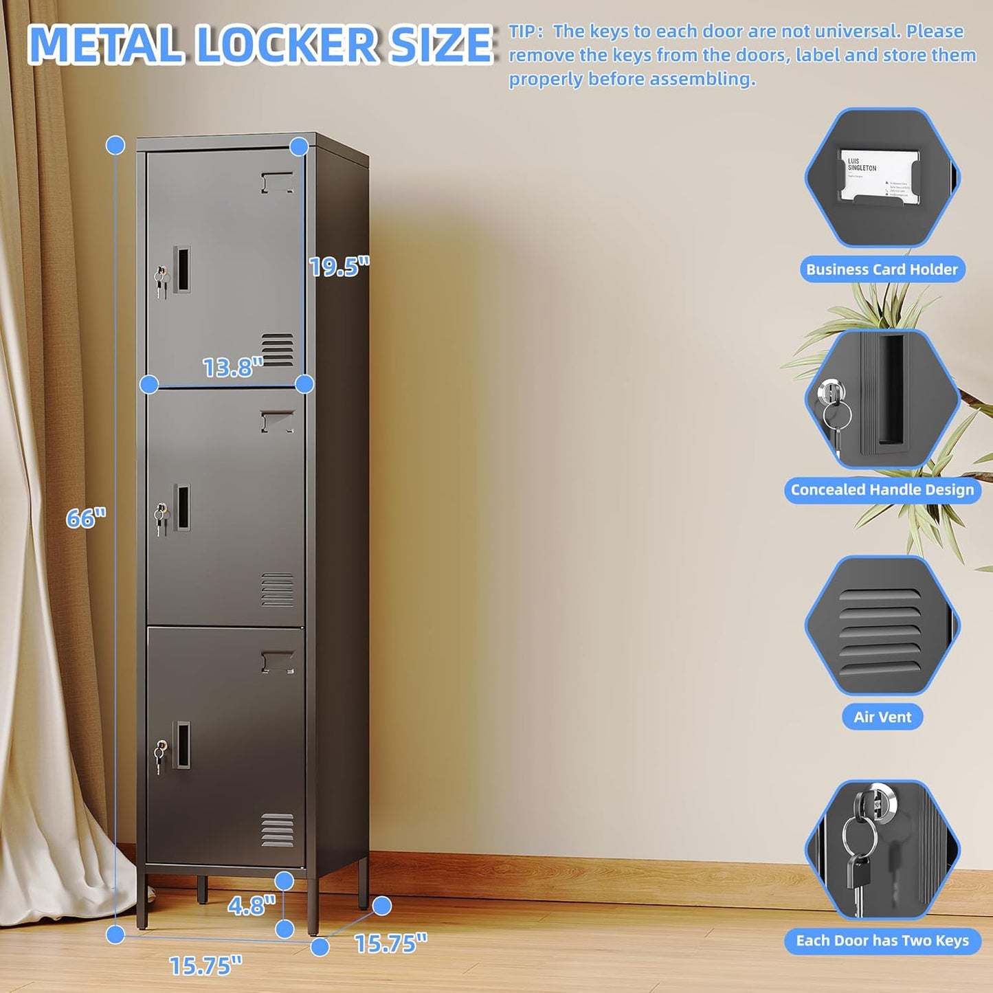 METAN Metal Storage Employees Lockers with 3 Lockable Doors and Hooks,66''H*16''W*16''D Locking Storage Cabinets for Small Spaces,Home,School,Gym,Assembly Required,Black