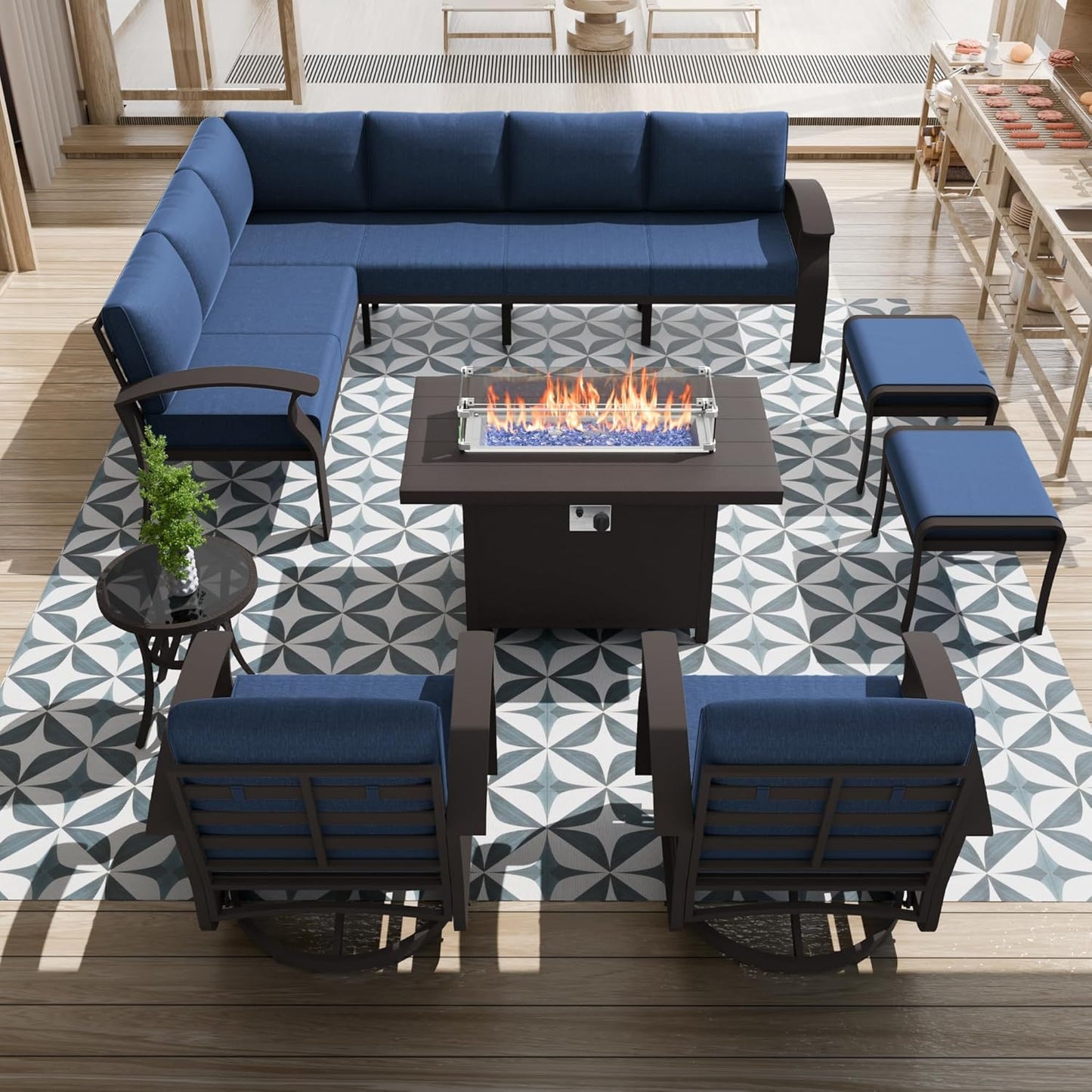 Aluminum Patio Furniture Set with Fire Pit Table, 10 Seats Outdoor Patio Conversation Set with Swivel Chair Modern Metal Patio Sectional Sofa with Coffee Table for Patio, Backyard(Navy Blue).