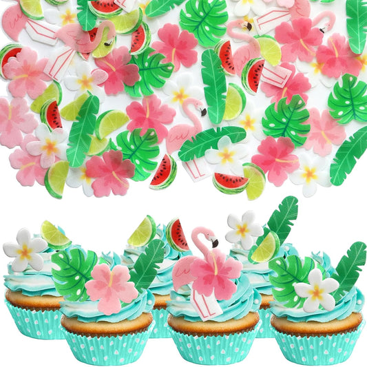 75 Pcs Edible Flowers Cupcake Toppers Cake Decorations Wafer Tropical Cake Decorations Hawaiian Birthday Decoration for Tropical Luau Summer Party