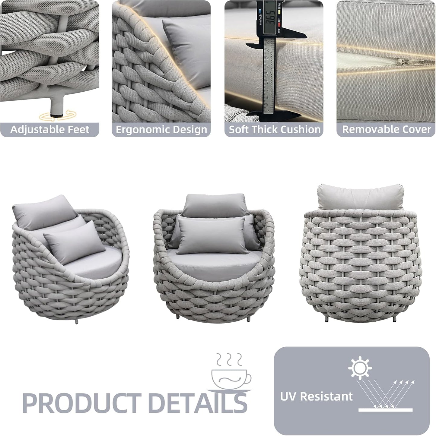 TWT Patio Sofa, All-Weather Textilene Rope Outdoor Chairs Set of 2 with Cushions & Pillows, Patio Couch Outdoor Patio Furniture Set for Patio, Balcony, Backyard, Deck, Poolside, Grey