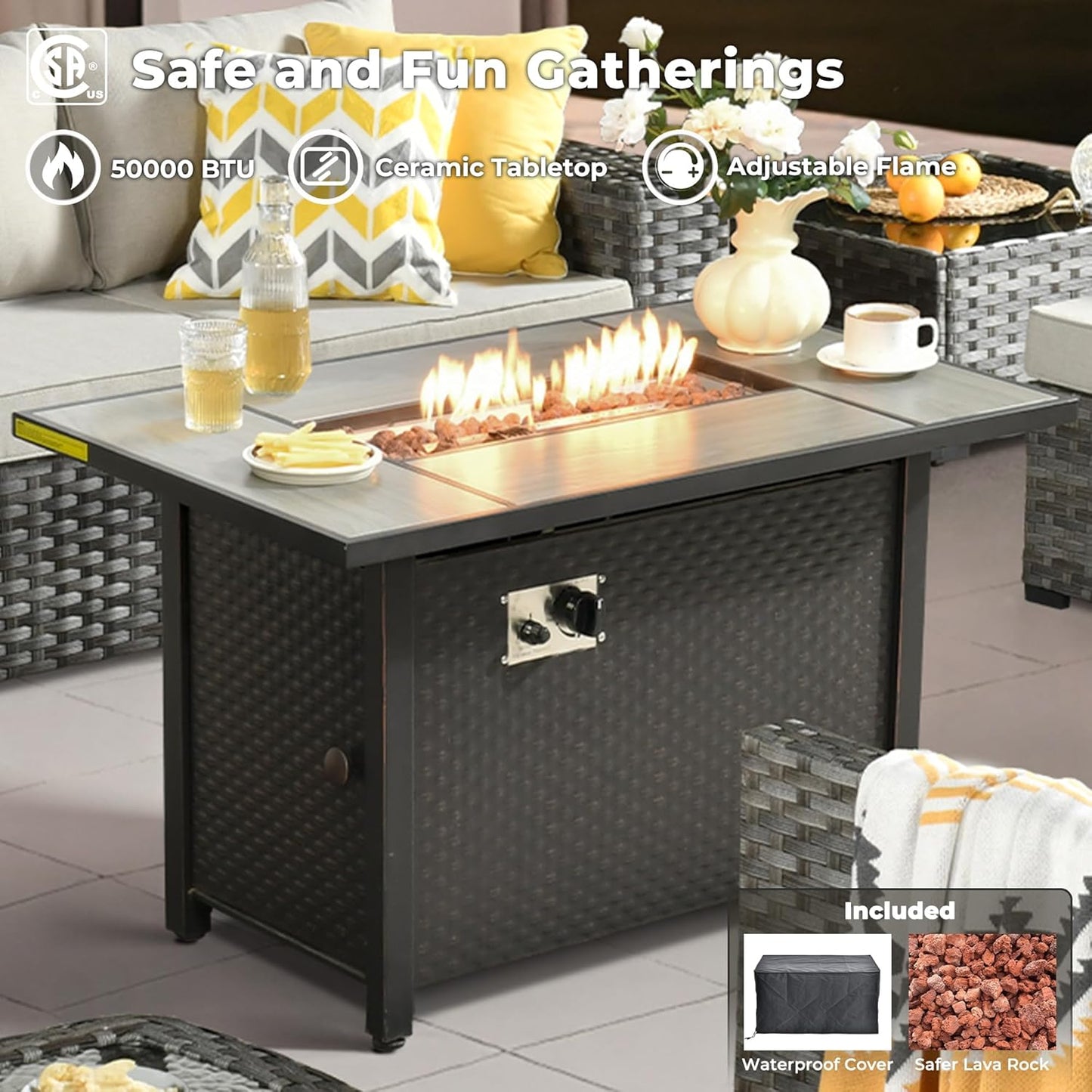 ovios 9 Pieces Patio Furniture Set, Outdoor Wicker Sectional Sofa with 42" Firepit Table Swivel Chair, Modern Modular Deep Seat Rattan Couch Conversation Sets, Beige