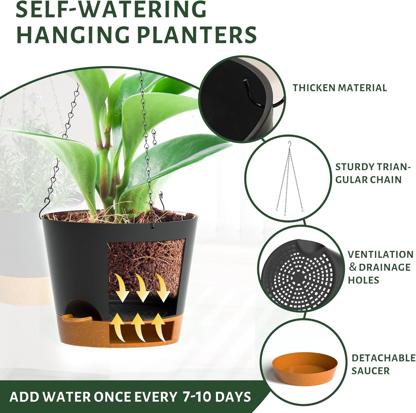 Hanging Planters for Indoor Outdoor Plants, 2 Pack Self Watering Hanging Pot with Drainage Holes and Plant Hangers, Hanging Baskets Flower Pots for Home Garden Decor (Black, 8 inch)