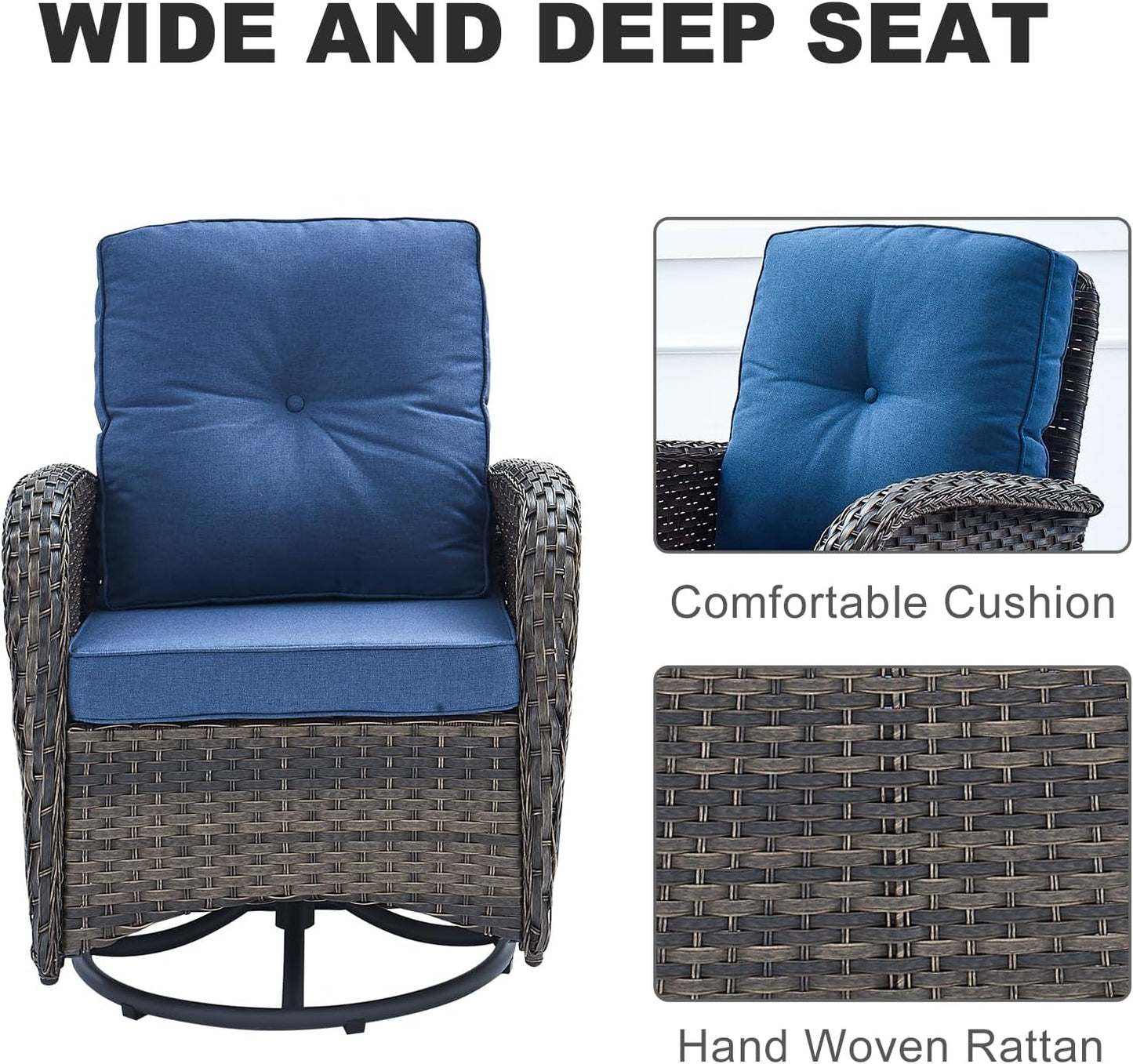 HUMMUH 5-Piece Patio Furniture Wicker Outdoor Conversation Set,All-Weather Rattan Swivel Chairs Bistro Set with Loveseat Coffee Table for Backyard,Poolside,Deck(Brown/Blue)