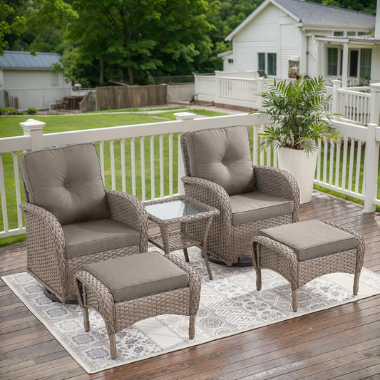 5 Pieces Wicker Patio Furniture Set - Swivel Rocker Outdoor Chairs with Ottomans and Side Table, Small Patio Conversation Set for Deck Porch Backyard
