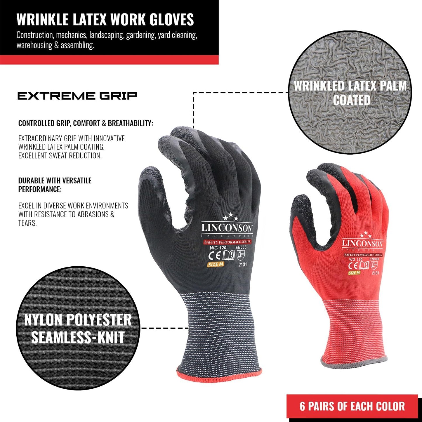 linconson 12 Pack Safety Performance Series Construction Mechanics Wrinkle Latex Work Gloves