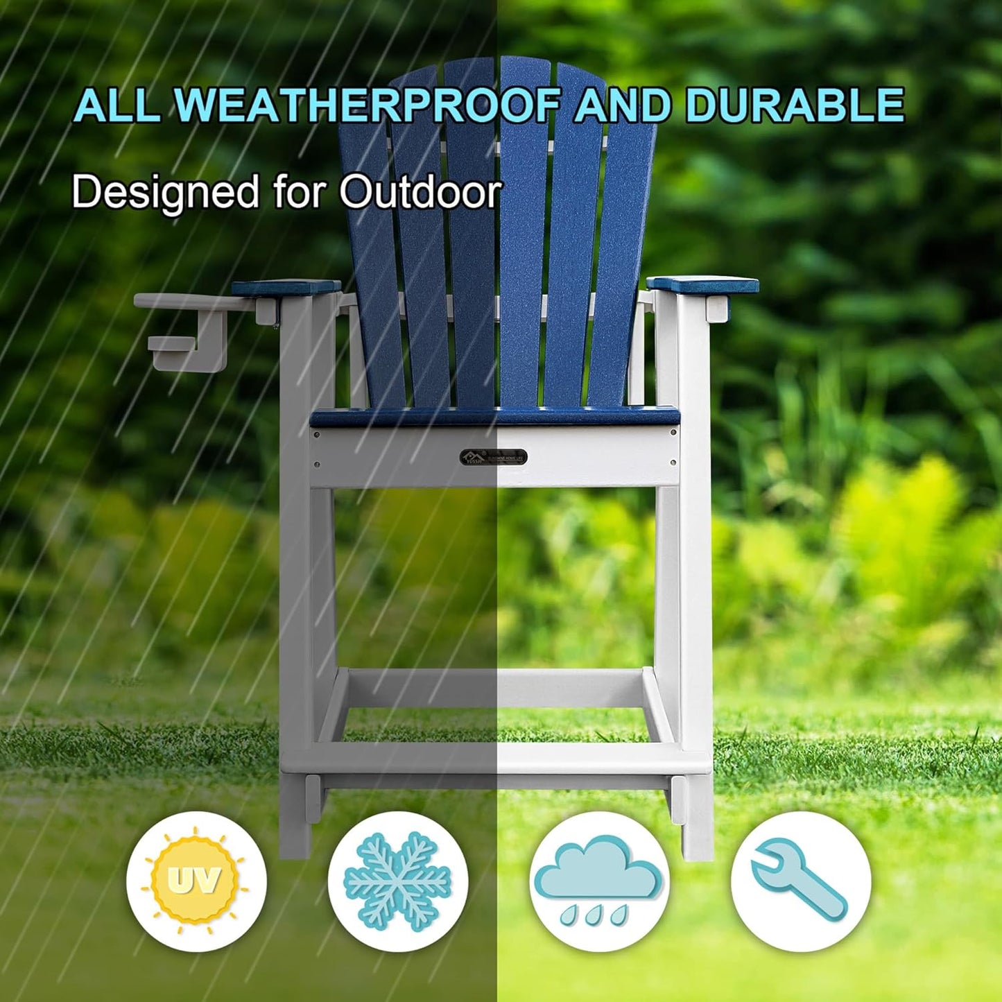 Tall Adirondack Chairs Set of 4 Adirondack Barstools, Weather Patio Garden Pool Fire Pit Balcony Outdoor Bar Stools HDPE Plastic Barstools with Backs for Garden, Backyard, Yard (Blue)