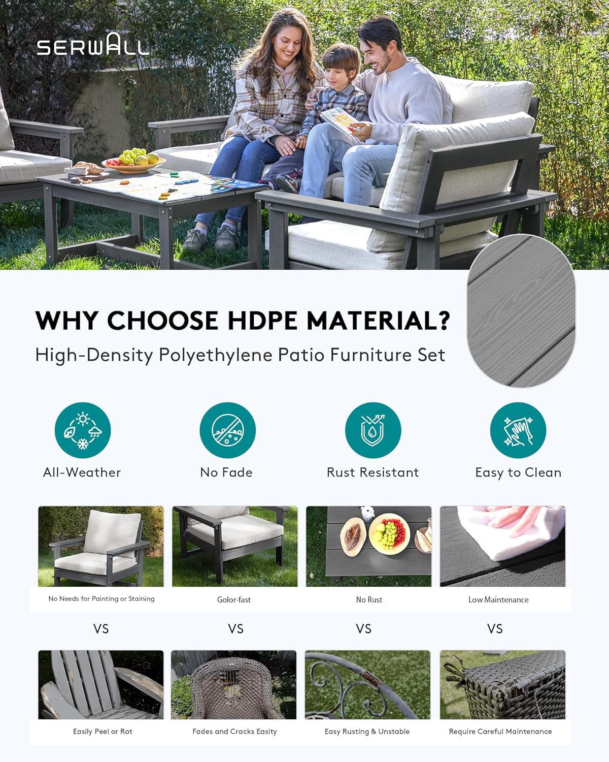 SERWALL HDPE Patio Conversation Set, 6-Piece Sectional Outdoor Furniture Set, All Weather Outdoor Couch Set Patio Furniture Set for Deck, Lawn, Grey Frame with Grey Cushion