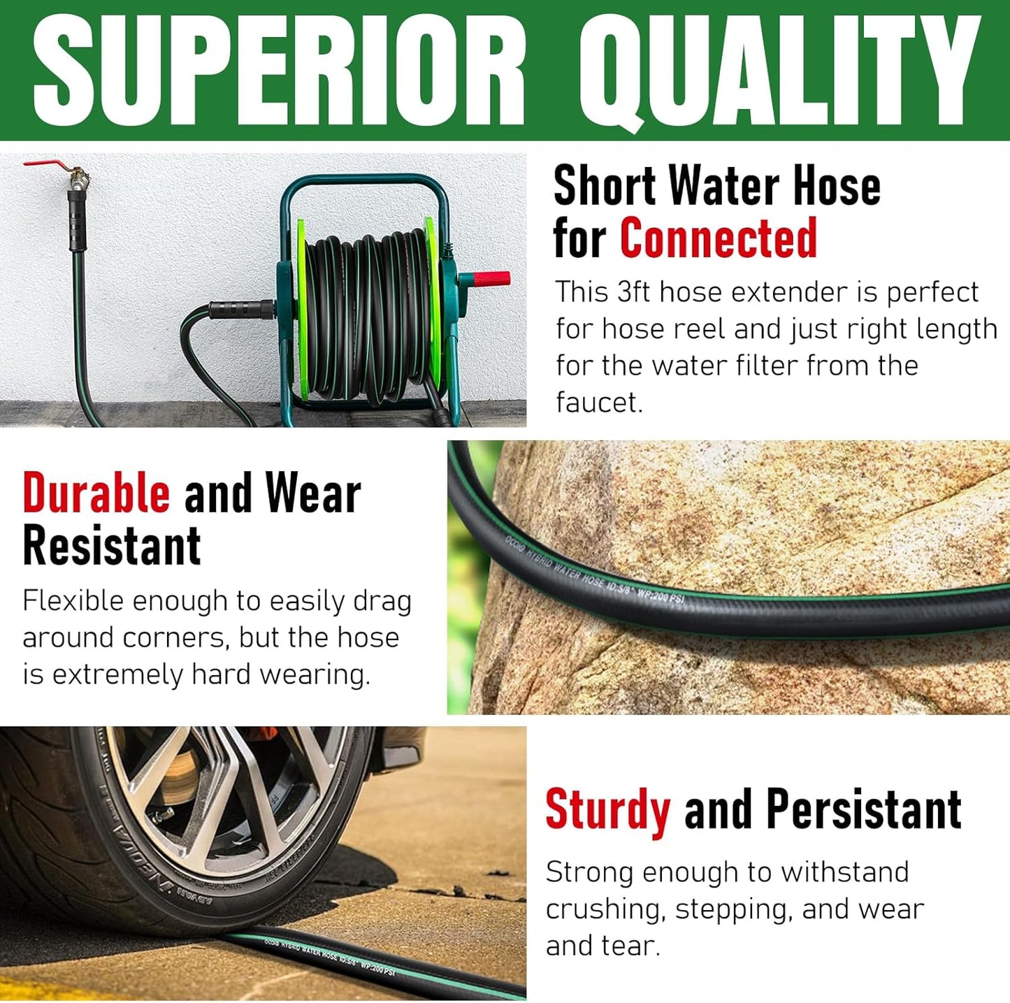 Heavy Duty Garden Hose 3ft, NON-EXPANDABLE Flexible Water Hose, Kink Resistant Lightweight Hybrid Hose, Leakproof Hose Male to Female Fittings