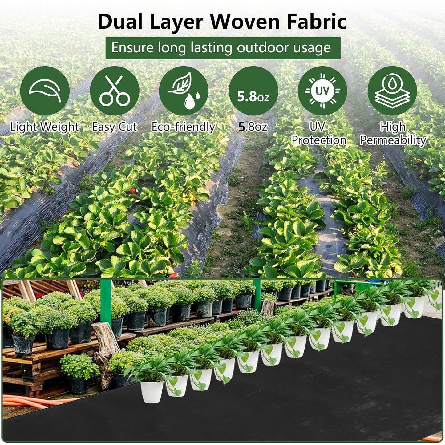 Woven Landscape Fabric 5.8oz, 4 x 300FT Weed Fabric Barrier, Double Layer, Garden Fabric Weed Barrier, Weed Control Fabric Ground Cover, Gardening Mat for Garden Beds, Landscaping