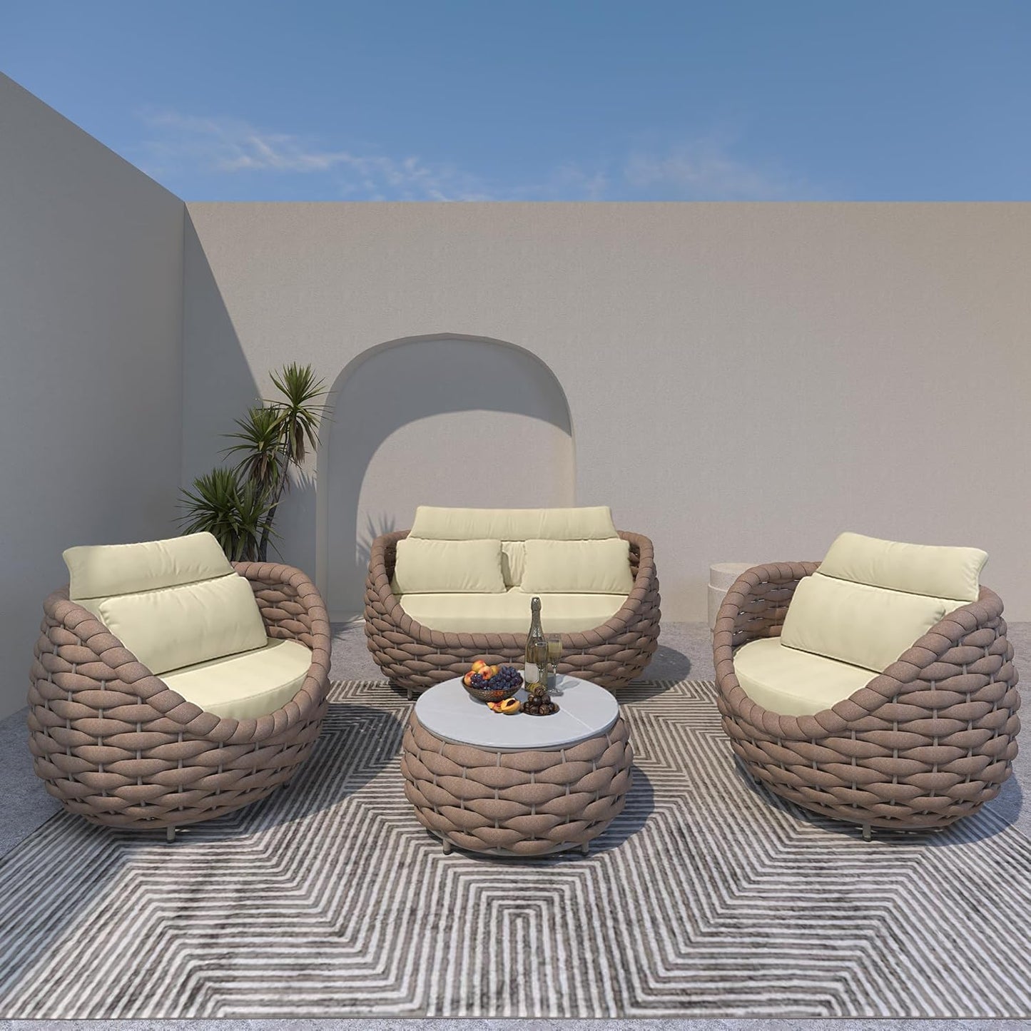 TWT Patio Furniture Sofa Set 4 Pieces Aluminum Outdoor Furniture w/25.6in Coffee Table,Patio Conversation Set with Hand Woven Textilene Rope for Backyard Garden Poolside (Khaki)