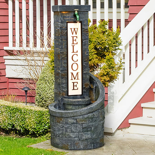 35.43 Inches Outdoor Water Fountain Welcome Garden Waterfall Indoor Modern Water Feature Freestanding Fountains with LED Lights and Pump for Patio Yard Pool Home Decor