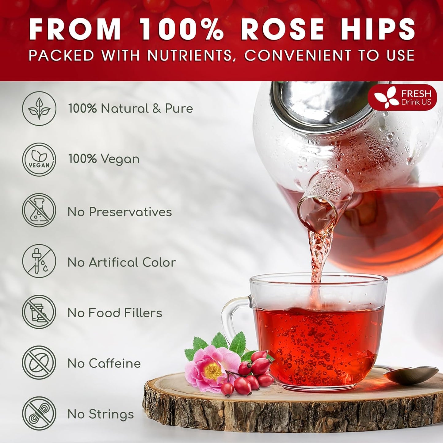 FreshDrinkUS, Premium 135 Rosehip Tea Bags, 100% Natural & Pure from Rose Hip Fruits. Loose Rosehip Herbal Tea. Made with Natural Material Tea Bags. No Sugar, No Caffeine, No Gluten, Vegan.