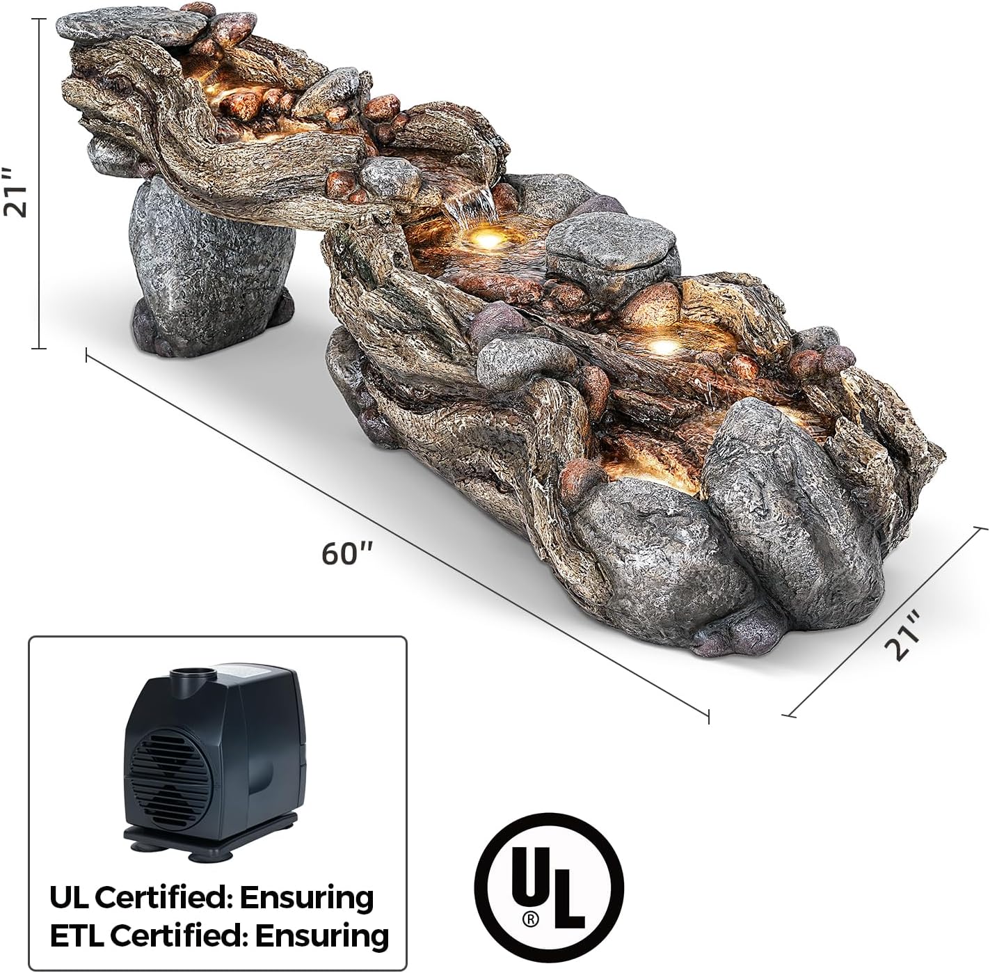 60" Long Cascading Outdoor Rock Water Fountain, 5-Tier Tranquil River Waterfall, Realistic Rock Design, Serene Flowing Water Sound for Outdoor Garden, Patio, Landscaping, Home Decor