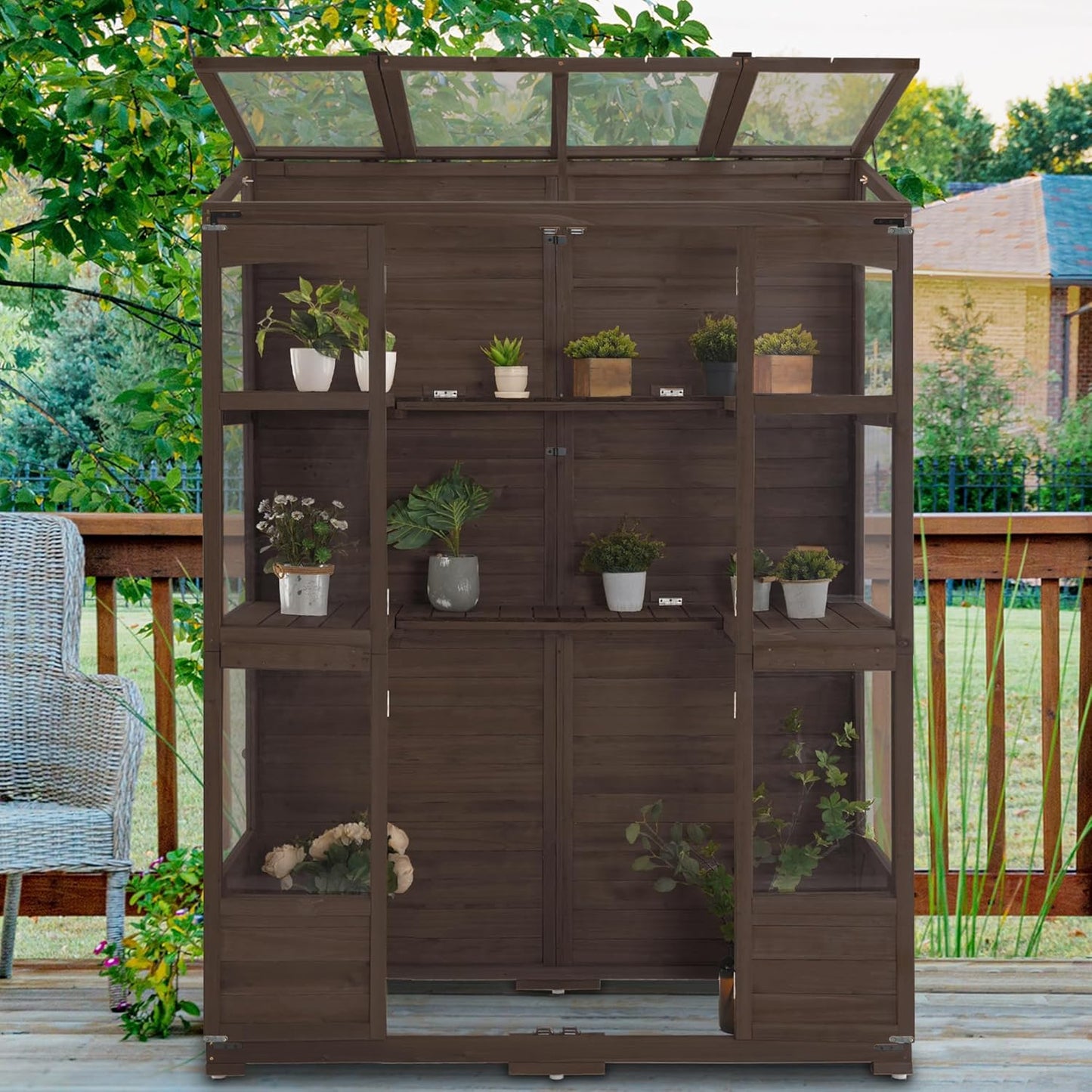 MCombo Wooden Greenhouse, Walk-in Outdoor Greenhouse with Openable Roof and Lockable Door, 0899 (Brown)