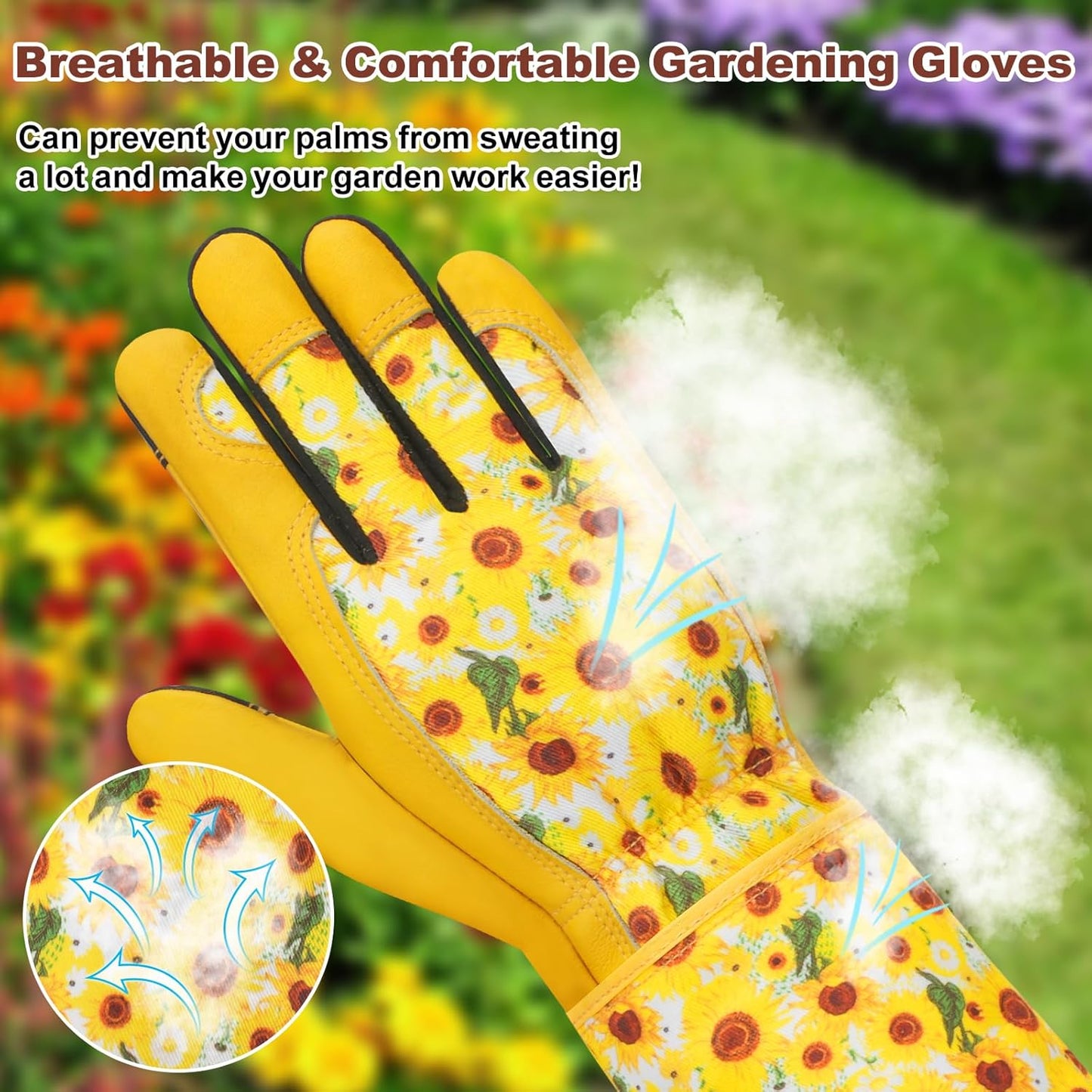 DLY Gardening Gloves for Women, Rose Gloves Gardening Thorn Proof, Long Garden Gloves for Women, Breathable Cowhide Leather Gauntlet (Small, Yellow