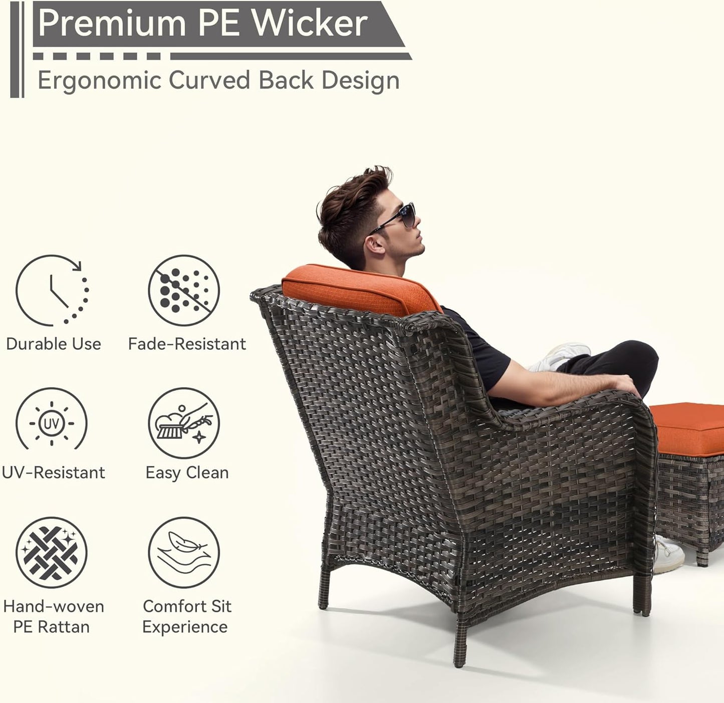 4 Pieces Patio Conversation Set, Wicker Chairs Set of 2 and Two Ottomans with 3.5-inch Seat Cushions, High Back and Curved Armrest for Backyard, Balcony and Deck, Orange
