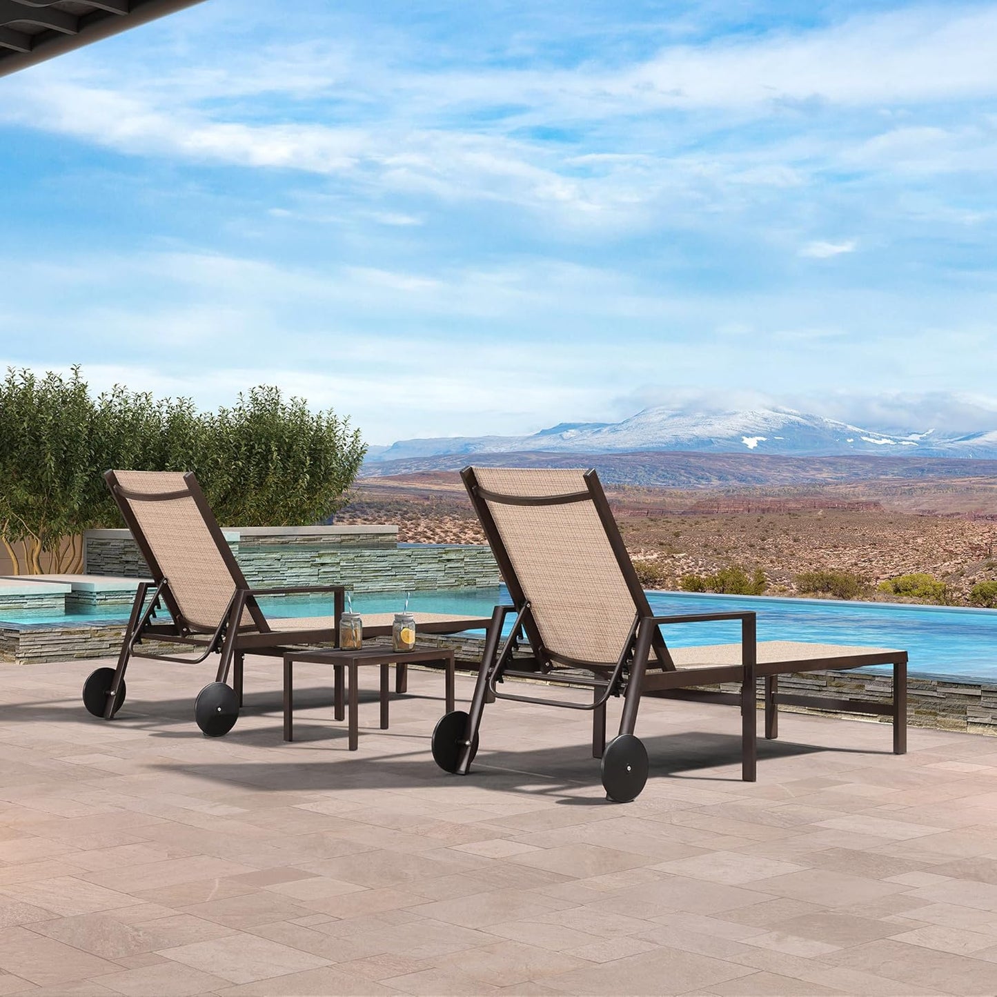 PURPLE LEAF Pool Lounge Chairs Set of 3 Aluminum Outdoor Lounge Chairs with Wheels and Armrests Adjustable Patio for Deck Outside Lawn Garden, Light Tan