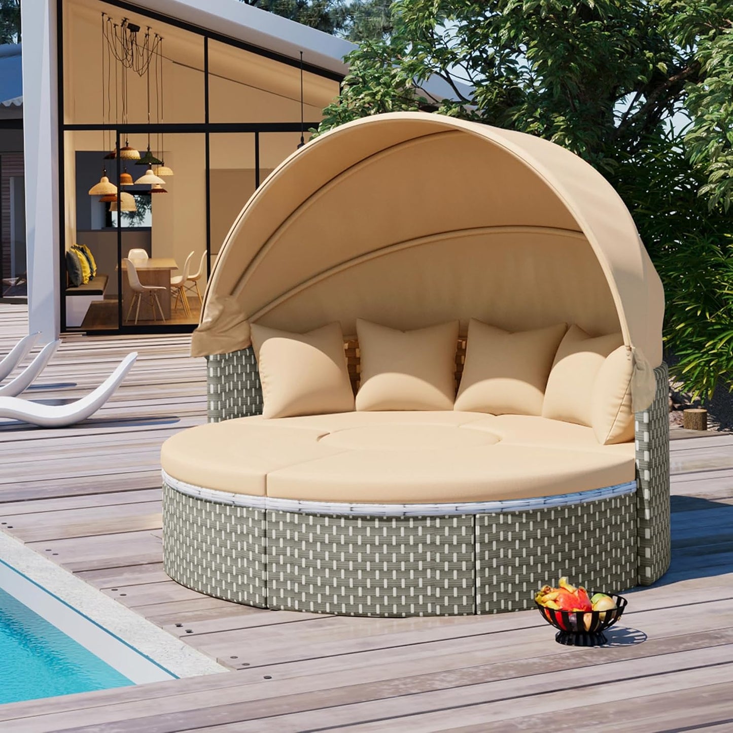 kevinplus Outdoor Daybed Patio Sunbed Round Sectional Sofa Couch Set with Retractable Canopy & Lift-Top Coffee Table, PE Rattan Material for Garden Backyard, Light Coffee