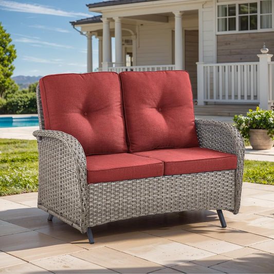 HUMMUH 2-Person Outdoor Glider Bench-All-Weather Wicker Patio Double Swing Rocking Chair Patio Loveseat for Deck Lawn Porch Balcony Poolside-Grey/Red