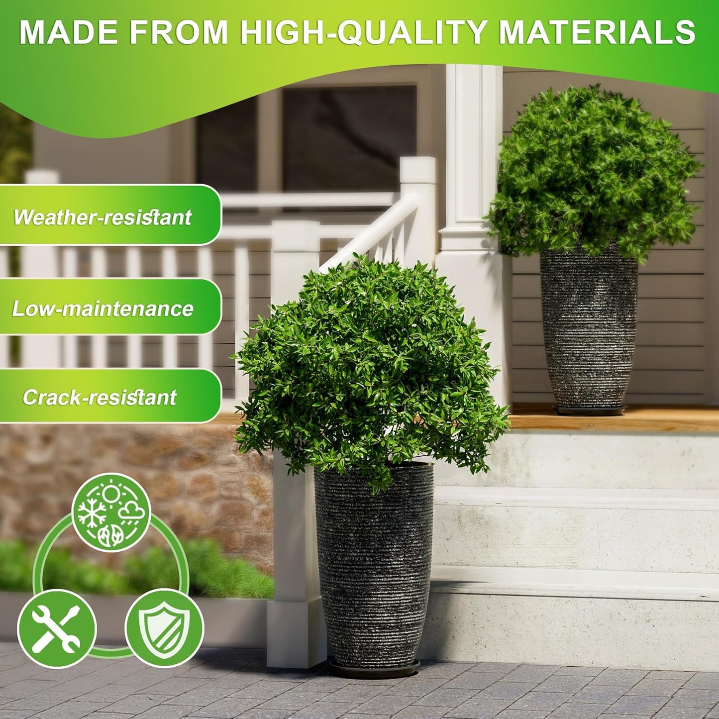 QCQHDU Large Tall Dark Gray Planters Set of 2-9 Gallon 12" Round Outdoor Planters for Front Door & Patio, Faux Stone Indoor Plant Pots with Tray, Porch Decor Plant Containers