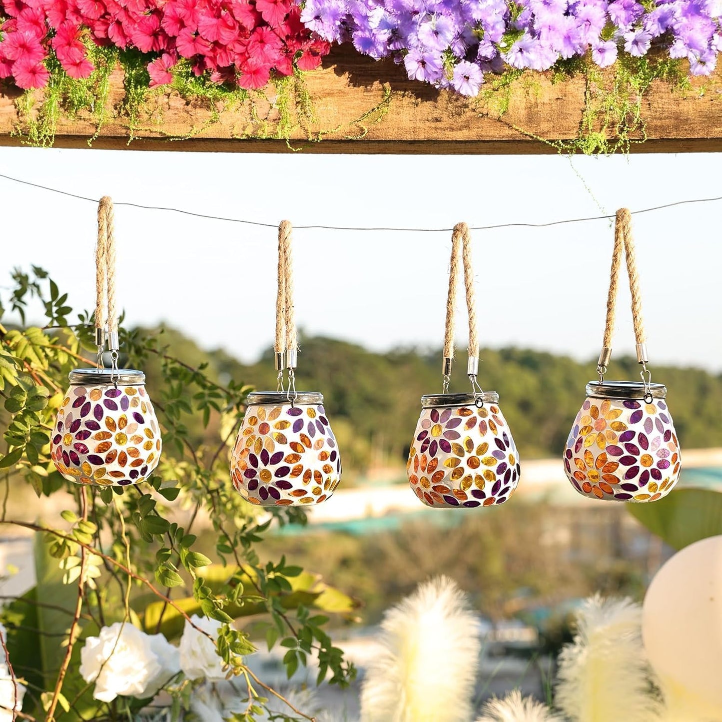 Cooo 4 Pack Mosaic Solar Lantern Outdoor Waterproof IP68 Hanging Projection Light Hidden Lid Pear-Shaped Lantern with Rope Handle Solar Powered Auto On for Patio Garden Fence Table -Petal Mirage