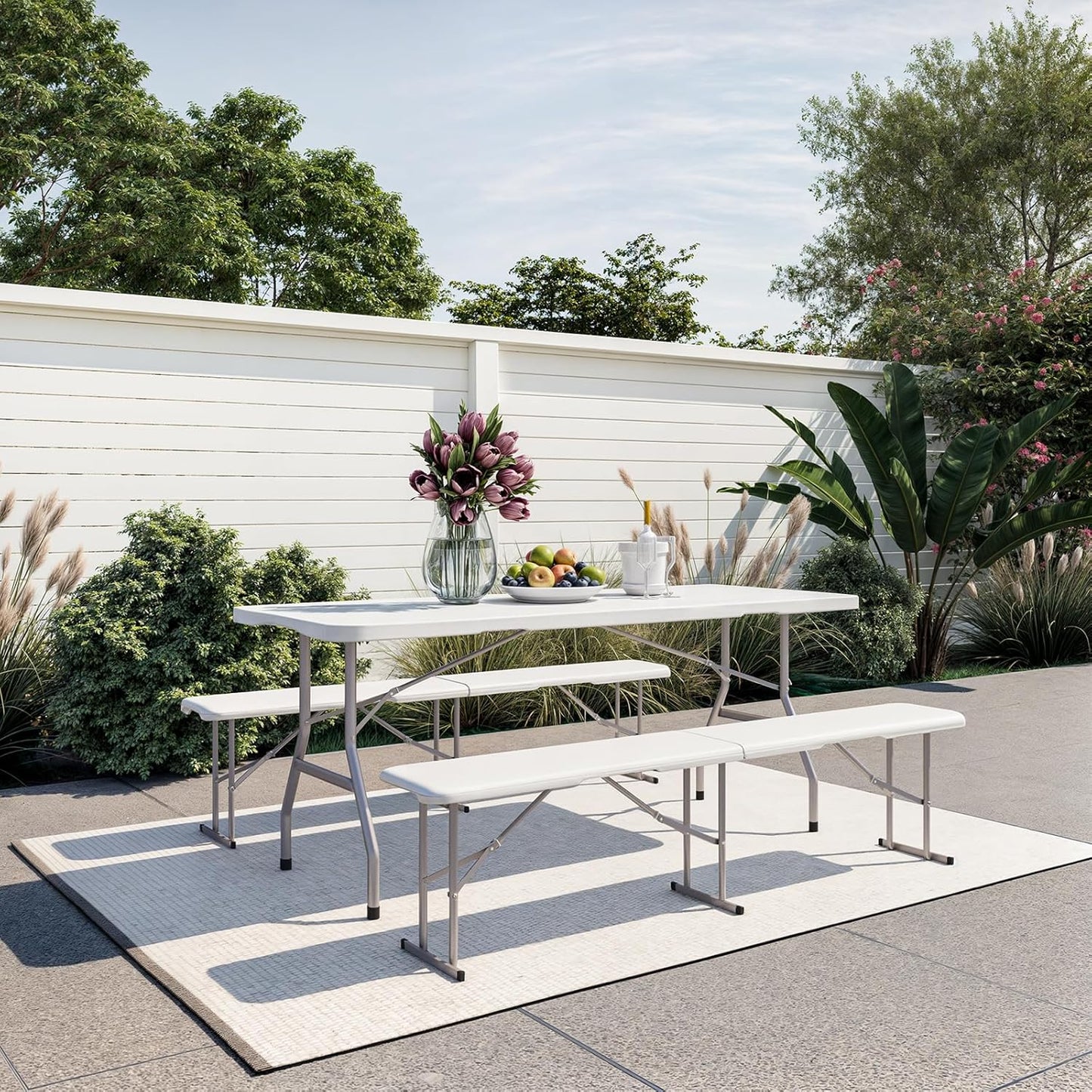 6ft HDPE Folding Bench, Foldable Seat with Sturdy Frame and Security Lock for Indoor and Outdoor, Multipurpose Entertaining Activities, Portable and Easy to Store, 2 Pack, White