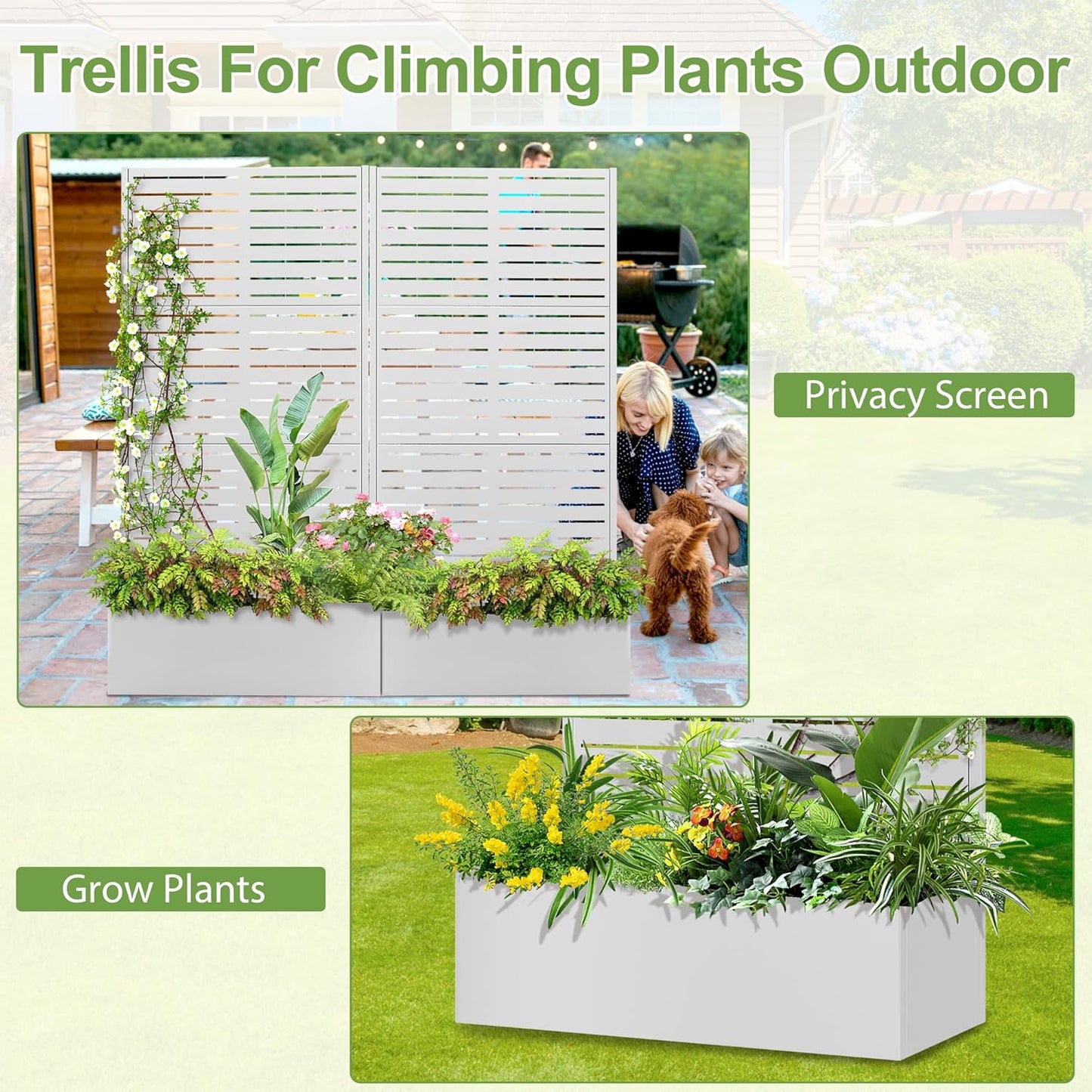 Trellis for Climbing Plants Outdoor，Mental Garden Bed with Drainage Holes Outdoor Privacy Screen Design Tall planters for herb Flower Vegetables 73"x35"x16", White-Louvered